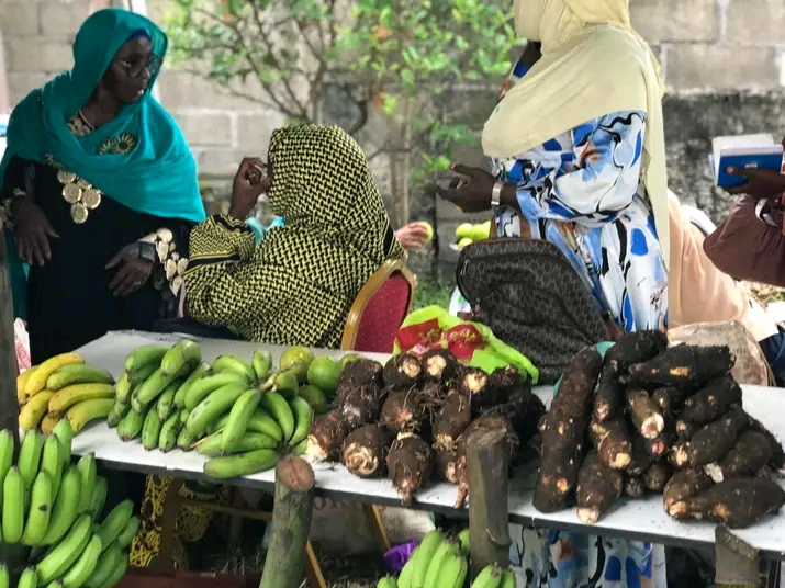 Marché local de Maouéni-M'boudé, vente de bananes et produits agricoles